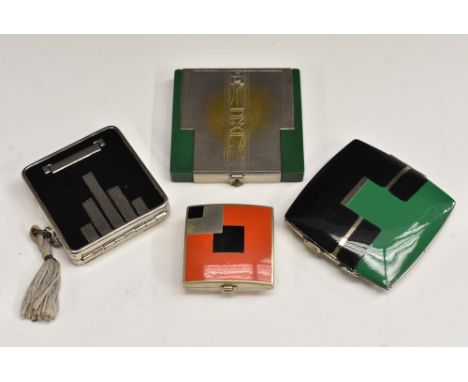 A Richard Hudnut powder compact, Art Deco design, square form, original puff, kid leather pouch; another similar, Innoxa, Lon