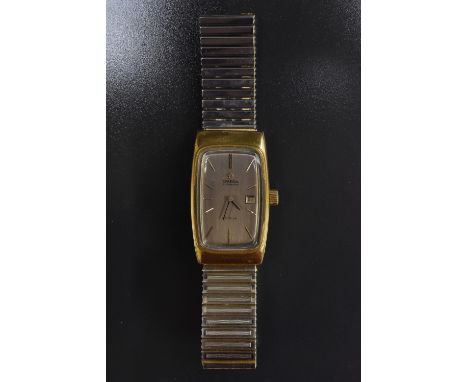 Omega - a retro 1970s gold plated De Ville automatic wristwatch, rounded rectangular case, light brown dial, block baton mark