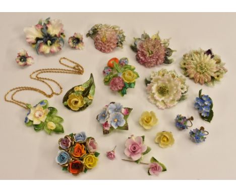 Royal Crown Derby - a porcelain Orchid brooch and earrings suite, painted marks, initialed LJ;  others floral clusters;  othe