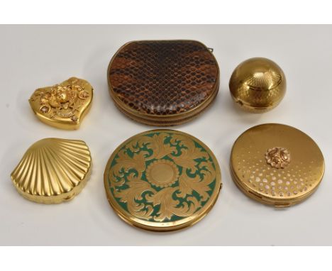 A large lady's compact, gilt metal, chased and enamelled foliate design, sifter, associated fabric pouch; a novelty spherical