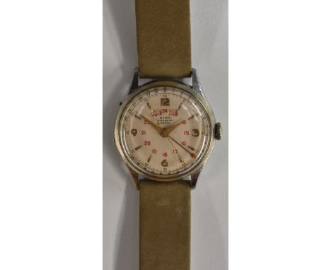 Rima - a vintage mid 20th century gentleman's calendar triple date wristwatch. silvered dial, raised principle Arabic numerla