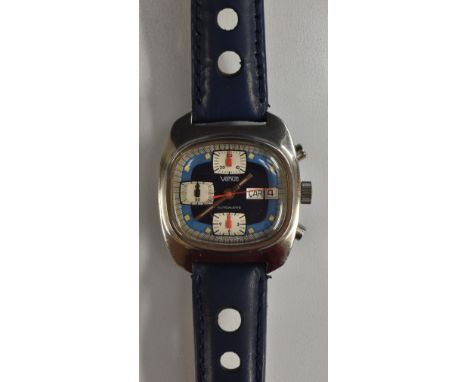Venus - a vintage retro TV wristwatch, two tone blue cushion dial, three subsidiary registers, 0-30, 3-6-9-12, and 0-60 secon