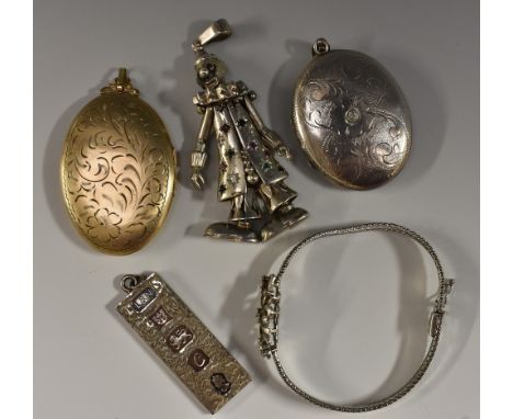 Jewellery - An articulated silver Pierrot/Clown pendant, inset with clear glass eyes, multi stone set body inc spinel, amethy