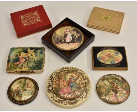 A Stratton lady's compact, gilt metal, shaped rectangular form, lid depicting courting couple, soft pouch; a vintage mock tor