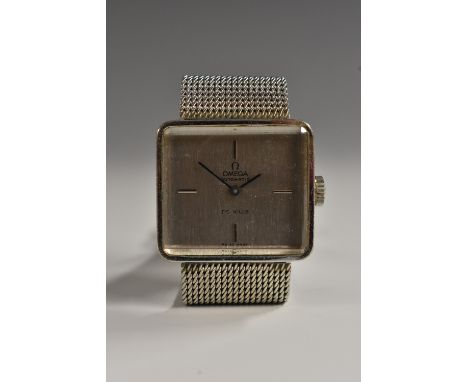 Omega  - a vintage Deville automatic rounded rectangular bracelet wristwatch, rectangular textured brushed steel dial, quarte