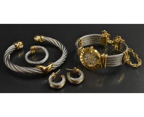 Philippe Charriol - a St Tropez ladies steel and gold plated cuff watch, bracelet, ring and earrings suite, watch with mother
