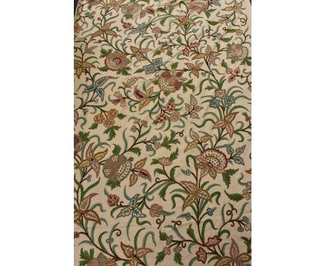 Textiles - a considerable amount of mid-20th century Indian crewel work fabric, embroidered with flowers and foliage, in shad