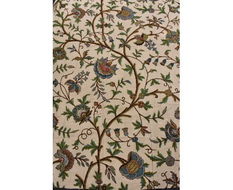 Textiles - mid-20th century Indian crewel work fabric, embroidered with flowers and foliage, in shades of blue, brown and gre