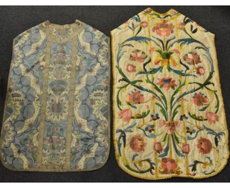 Vintage Costume - late 19th century Priest's vestments, a silk brocade chasuble and stole, silk lined; another, embroidered s