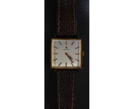 Buren - a vintage 1960s 18ct gold cased wristwatch, square silvered dial, block baton markers, ridged hands, manual wind cal 