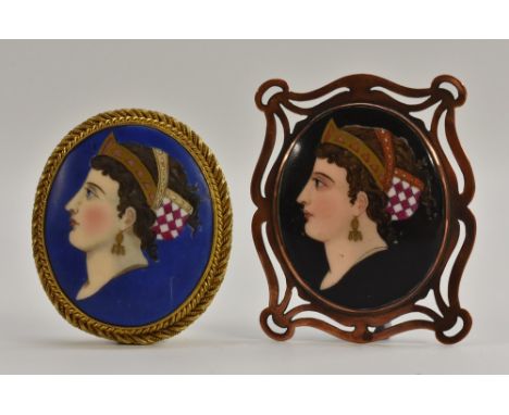 An Art Nouveau framed neoclassical style portrait brooch, maidens head in profile with shield, earrings and crown head pieces