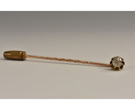 A 19th century diamond solitaire Tie/stick pin, single old cushion cut diamond approx 0.50ct, eight claw flower head mount, r