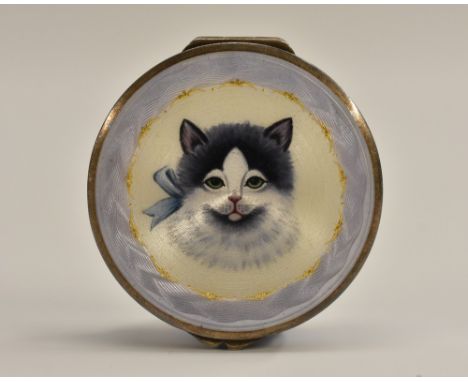 A silver circular pill box, lavender and ivory guilloche enamelled, portrait of cat wearing blue ribbon to lid, stamped 935