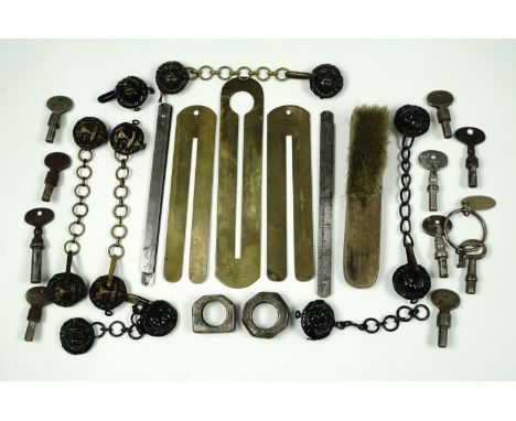 Vintage police paraphernalia, comprising six cape chains with lion's mask bosses, 10 iron handcuff keys, one with a finder's 