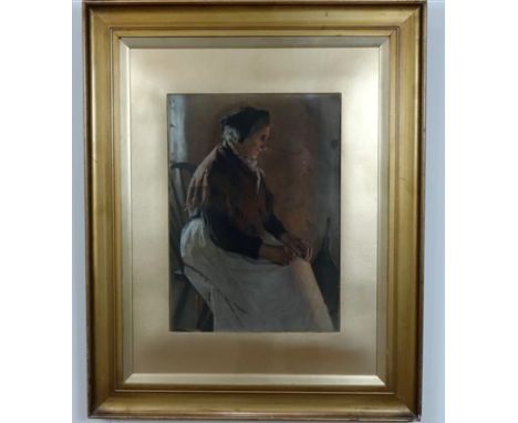 A large late 19th Century sentimental lithographic print depicting an elderly cottager sat wistfully before an open fire, in 