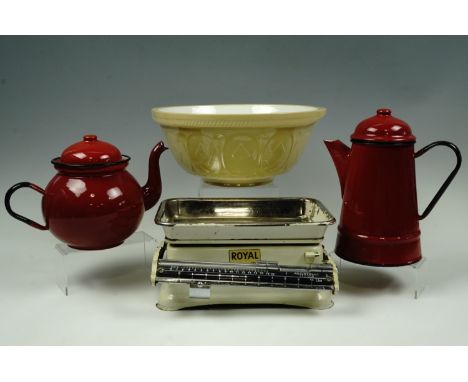 A set of vintage Royal brand kitchen scales together with a T.G. Green &amp; Co mixing bowl and enamel tea and coffee pots