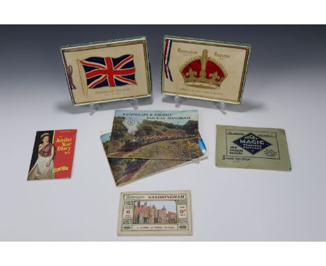 Two 1937 Coronation printed commemoratives together with "Tucks Magic Transfer Pictures", a "Ravenglass and Eskdale Railway h