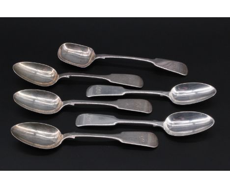 Five 19th Century provincial Scottish silver fiddle pattern teaspoons, three by George Sangster, Aberdeen two by M Rettie, Ab