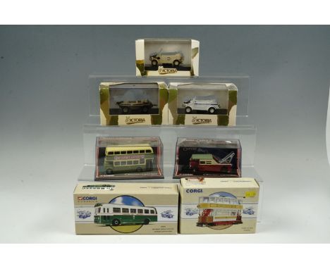 Seven boxed diecast vehicles, comprising three "Vitoria" military vehicles, two "Omnibus Originals" busses, and two "Corgi Co
