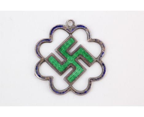 An early 20th Century English enamelled silver swastika pendant, registered design number 575, AJS, Birmingham, 1910, 23 mm