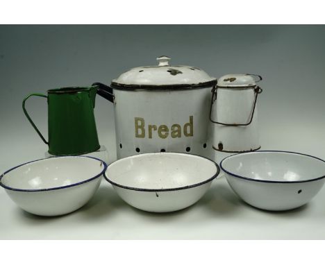 Sundry vintage enamel ware including a bread bin  