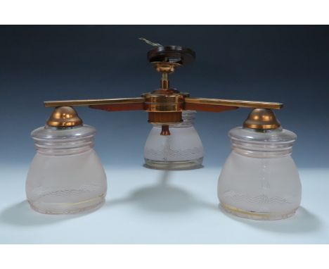 A 1950s - 1960s pendant three-branch ceiling light, in copper anodised steel with moderne Lucite mounts and glass shades, 27 