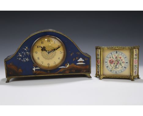 A petit point dressing table clock together with an oriental mantle clock with quartz movement, mantle clock 24 x 13 cm