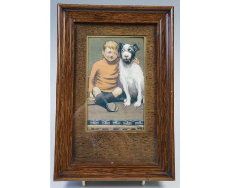 A small lithographic print depicting a young boy in shorts sat cheerily with his dog, in parcel-gilt oak mount and scumbled g