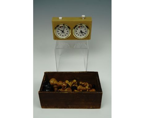 A Staunton style chess set and match clock,  king 8 cm