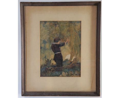 George Gillet Whitney (1890-1979). A depiction of a kneeling boy facing ghoulish imaginary figures, pen and ink, indistinctly