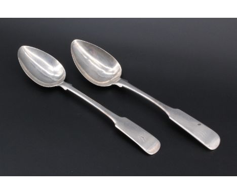 Two early 19th century Scottish provincial silver fiddle pattern table spoons, Charles Jamieson, Inverness and Donald Fraser,