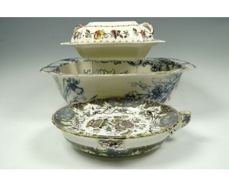 Three Victorian and later transfer printed earthenware dishes comprising of a Royal Doulton Silicon Ware wash basin, a Mellor