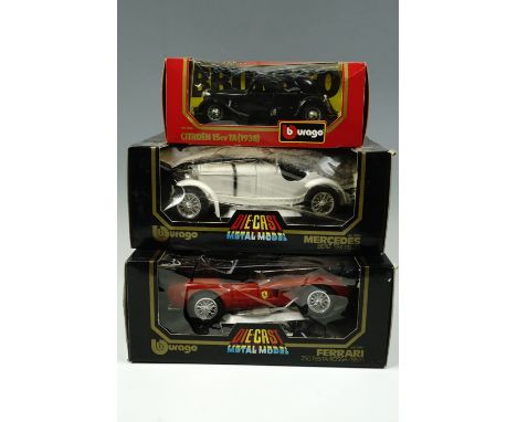 Two boxed Burago die cast 1/18 scale model cars including Mercedes Benz SSK (1928) and a Ferrari 250 Testa Rossa (1959) toget