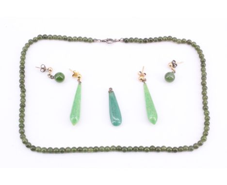 A pair of vintage 9 ct yellow metal mounted chrysoprase spherical ear pendants, a set of vintage faux jade teardrop shaped ea