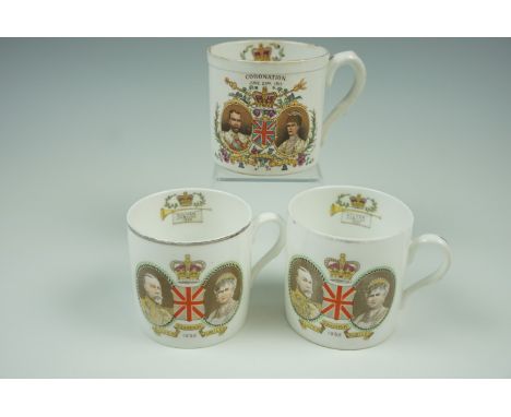 Two Shelley mugs commemorating the 1935 silver jubilee and another Shelley royal commemorative mug for the 1911 coronation of