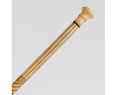 A 19th century whalebone walking stick, having a inlaid handle above a reeded and spiral carved column, 86cm long&nbsp;