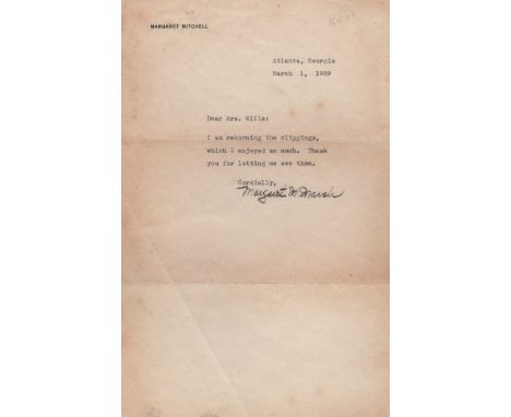 MITCHELL MARGARET: (1900-1949) American Author of Gone with the Wind, Pulitzer Prize winner, 1937. Brief T.L.S., Margaret M. 