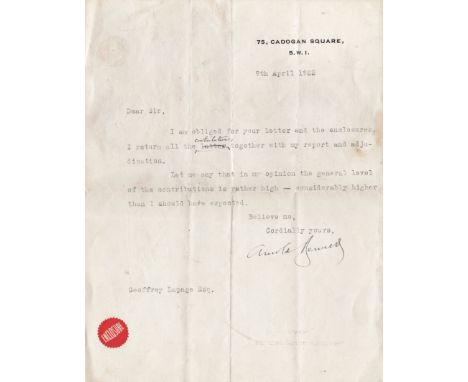 BENNETT ARNOLD: (1867-1931) English Writer. T.L.S., Arnold Bennett, one page, 4to, Cadogan Square, London, 9th April 1923, to