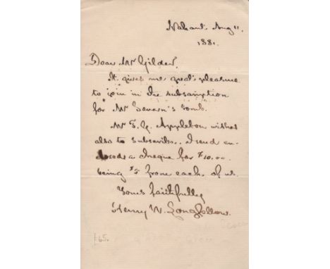 LONGFELLOW HENRY WADSWORTH: (1807-1882) American Poet. A.L.S., Henry W. Longfellow, one page, 8vo, Nahant, Massachusetts, 11t