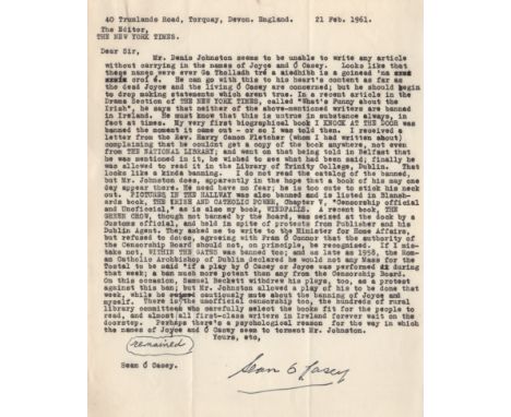 O'CASEY SEAN: (1880-1964) Irish Dramatist. T.L.S., Sean O'Casey, one page, 4to, Torquay, Devon, 21st February 1961, to [Lewis