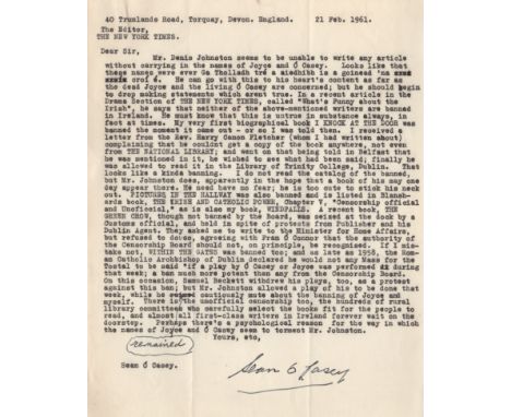 O'CASEY SEAN: (1880-1964) Irish Dramatist. T.L.S., Sean O'Casey, one page, 4to, Torquay, Devon, 21st February 1961, to [Lewis