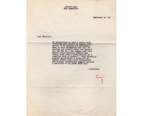 cummings e.e.: (1894-1962) American Poet, Author, and Playwright. T.L.S., Cummings, (a very truncated form of his signature) 