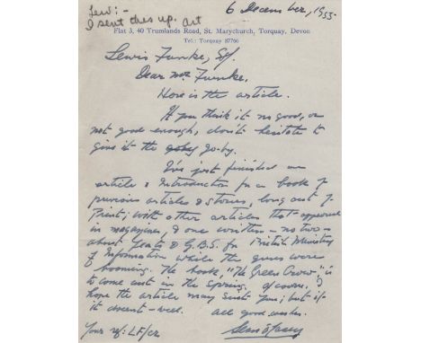 O'CASEY SEAN: (1880-1964) Irish Dramatist. A.L.S., Sean O'Casey, one page, 8vo, Torquay, Devon, 6th December 1955, to Lewis F