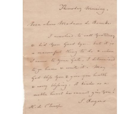 ROGERS SAMUEL: (1763-1855) English Poet, colleague and friend of Wordsworth, Coleridge, and Byron. A.L.S., S. Rogers, one pag