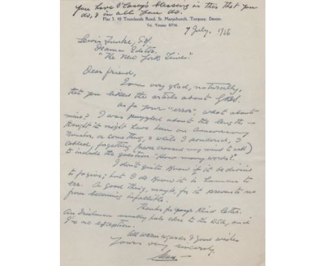 O'CASEY SEAN: (1880-1964) Irish Dramatist. A.L.S., Sean, one page, 4to, Torquay, Devon, 7th July 1956, to Lewis Funke, Drama 