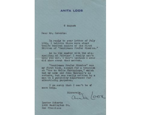 LOOS ANITA: (1889-1981) American Screenwriter, Playwright and Author, best known for her novel, Gentlemen Prefer Blondes. T.L