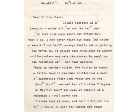 DU MAURIER DAPHNE: (1907-1989) British Author. T.L.S., Daphne du Maurier, two pages, 8vo, Menabilly, 2nd May 1962, to Mr. Sta