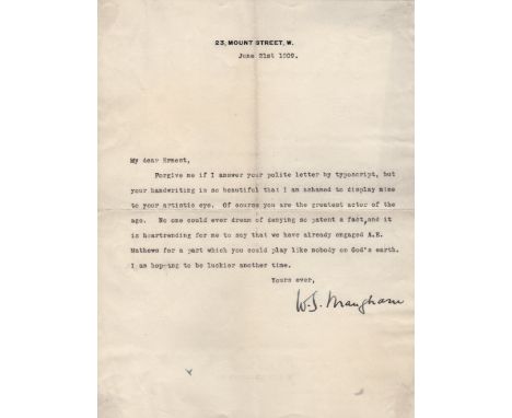 MAUGHAM W. SOMERSET: (1874-1965) English Playwright & Novelist. An early T.L.S., W. S. Maugham, one page, 4to, Mount Street, 