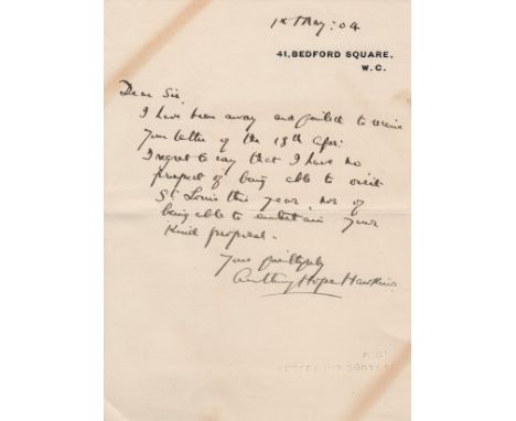 HOPE ANTHONY: (1863-1933) English Novelist and Playwright, best known for his novel The Prisoner of Zenda. A.L.S., Anthony Ho