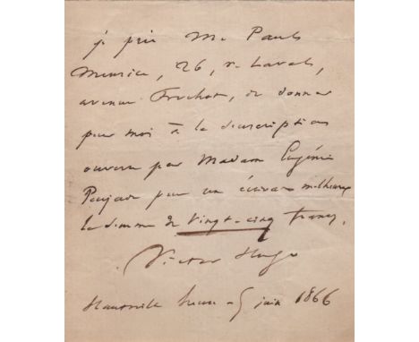 HUGO VICTOR: (1802-1885) French Poet & Novelist of the Romantic Movement. A.L.S., Victor Hugo, one page, small 8vo, Hautevill